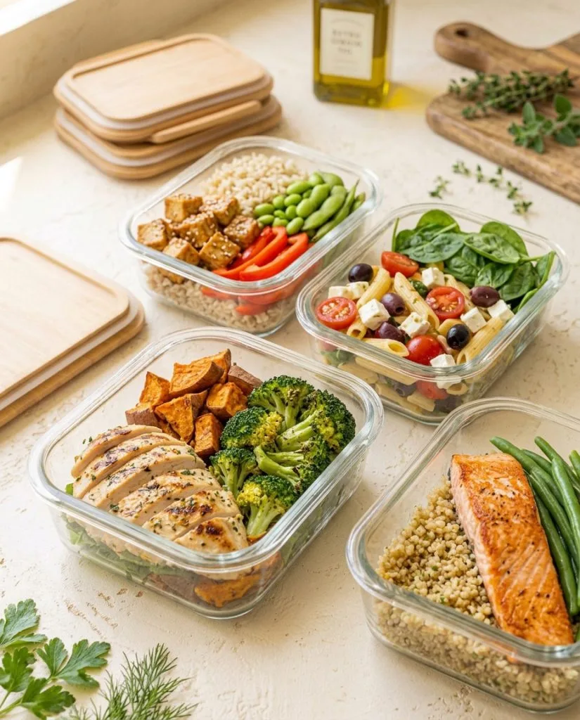Overzicht van glazen meal-prep bakjes met kip, zalm, broccoli en quinoa